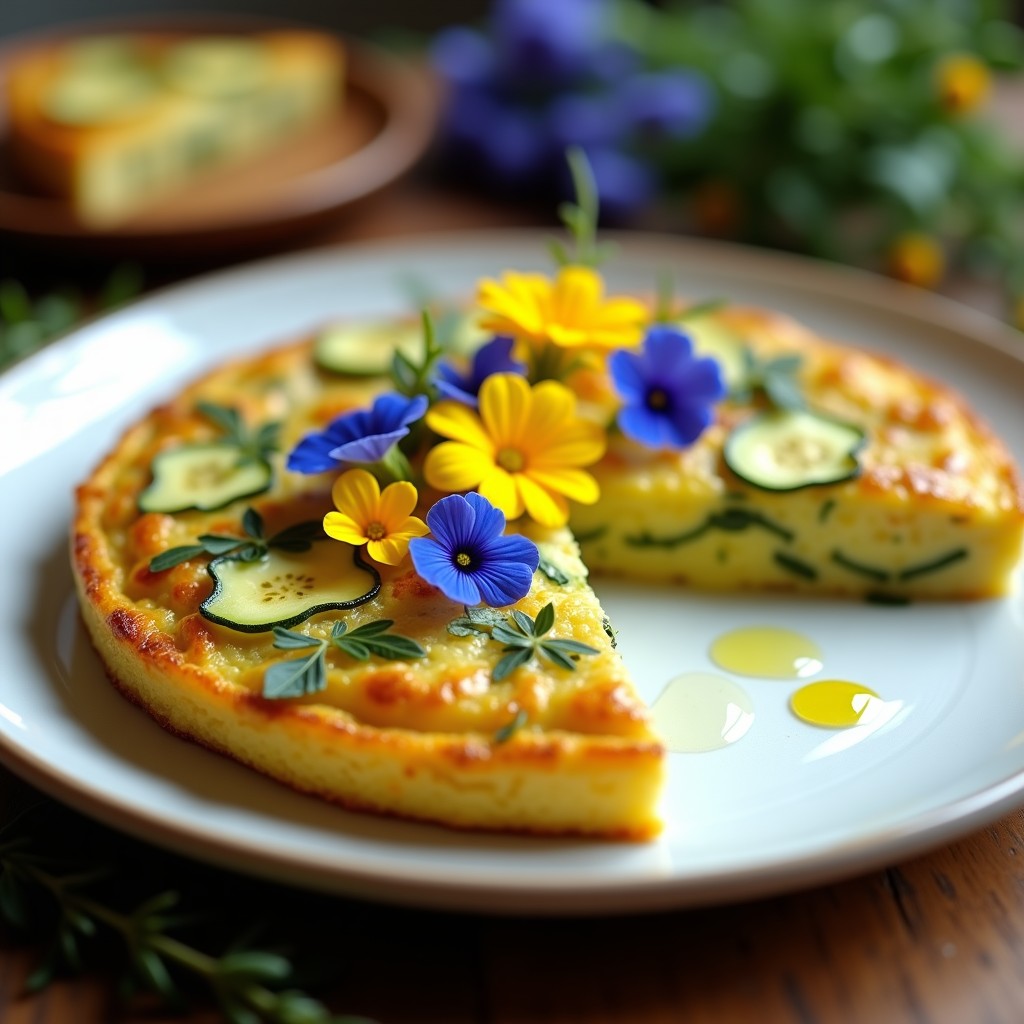 Tortilla dorada y esponjosa de calabacín y queso de cabra con flores comestibles azules y amarillas, cortada en porciones sobre un plato de cerámica blanca, acompañada de hierbas frescas y un fondo rústico de madera.
