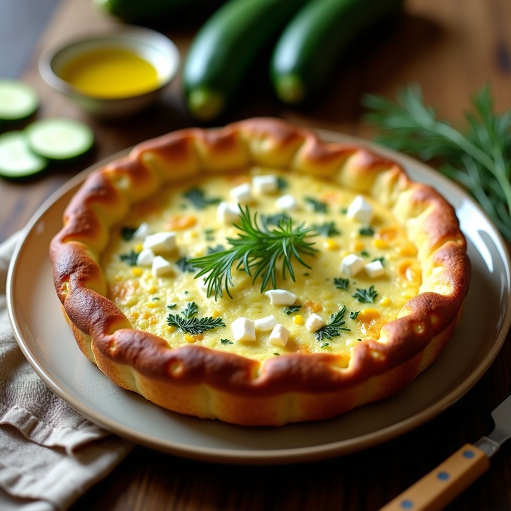 Tortilla dorada y esponjosa de calabacín y queso feta en molde redondo, cocinada en airfryer, con trozos visibles de queso y eneldo fresco por encima.