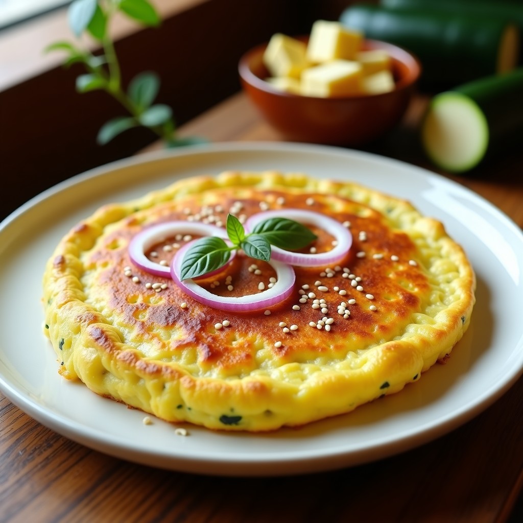 Tortilla dorada y esponjosa de calabacín y tofu ahumado servida en plato blanco con rodajas de cebolla morada y semillas de sésamo, receta vegana Thermomix.