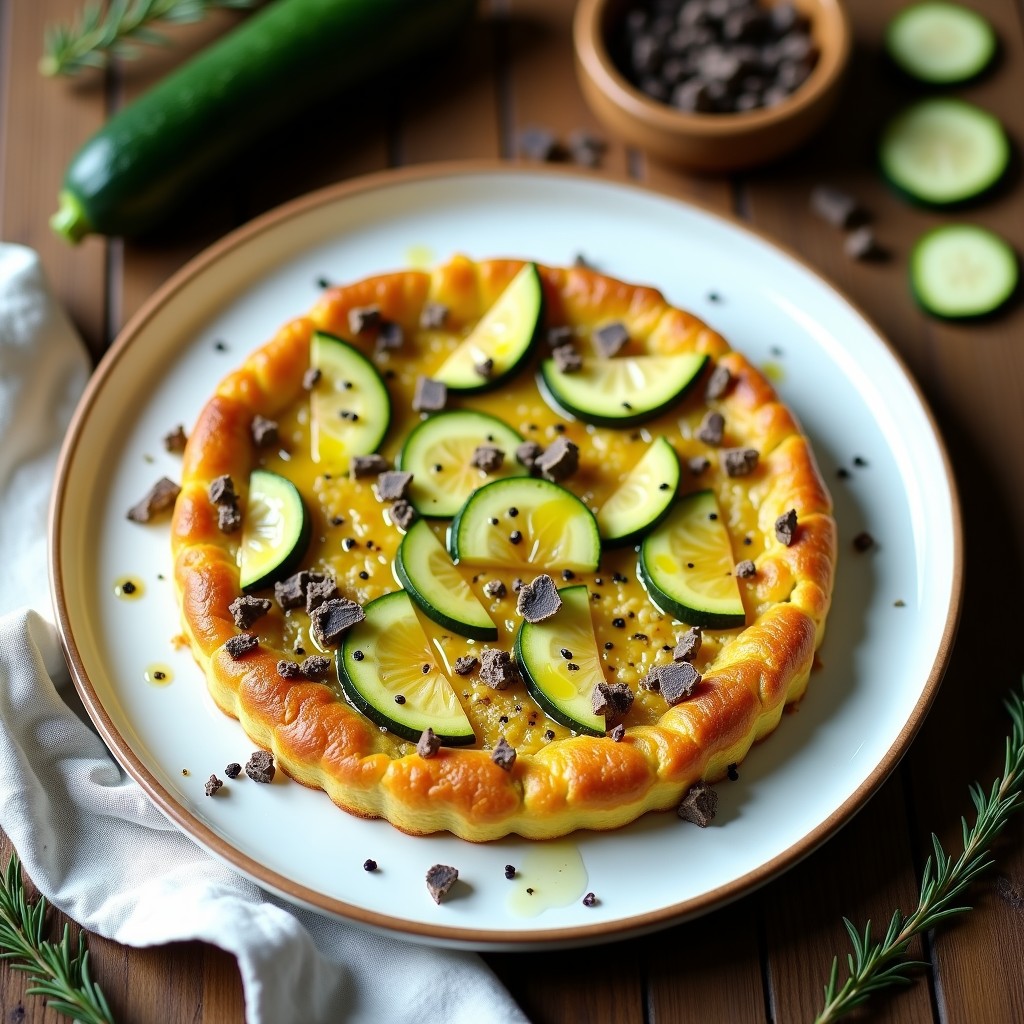 Tortilla de calabacín con trufa al horno, dorada y esponjosa, servida en plato blanco con rodajas de calabacín asomando y un hilo de aceite de trufa brillante.
