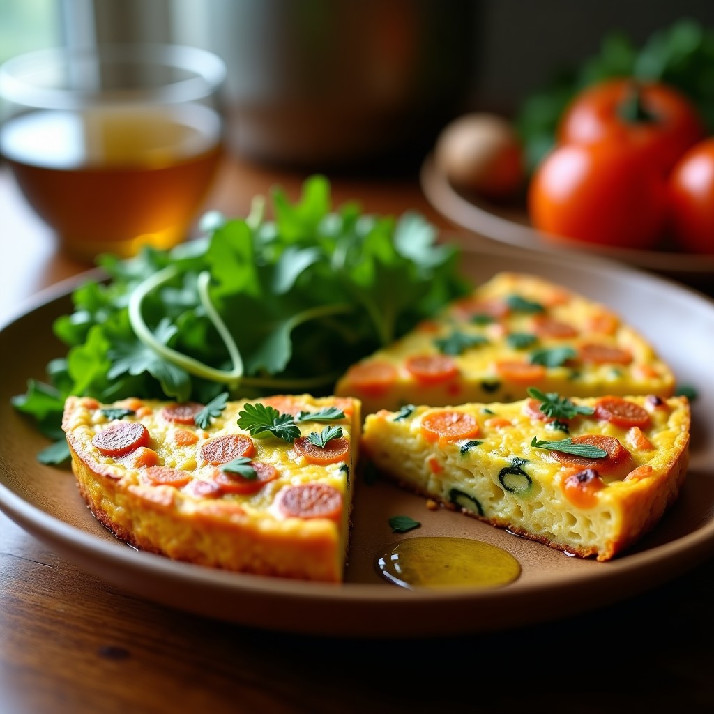 Tortilla dorada y esponjosa de calabacín y zanahoria en airfryer, cortada en porciones, con trozos visibles de verduras y perejil fresco por encima.