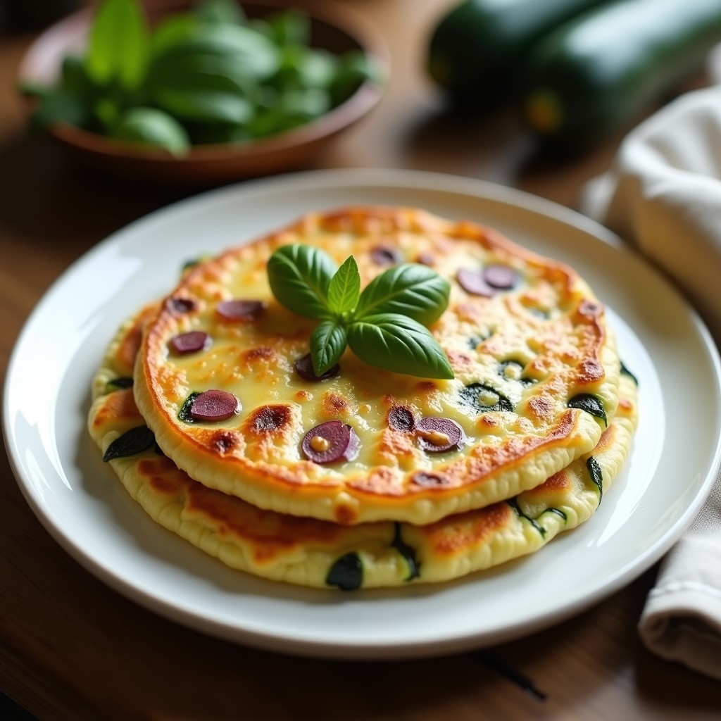 Tortilla dorada y esponjosa de calabacín y zucchini keto servida en plato blanco, con textura cremosa y trozos de cebolla morada visibles, acompañada de hojas de albahaca fresca.