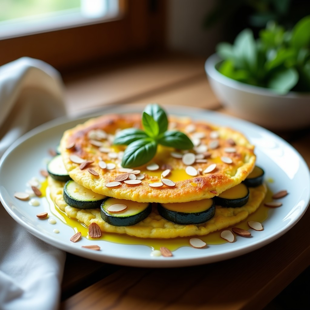 Tortilla dorada y esponjosa de calabacines ahumados servida en plato blanco rústico, con virutas de almendra y hojas de albahaca fresca, receta Thermomix.