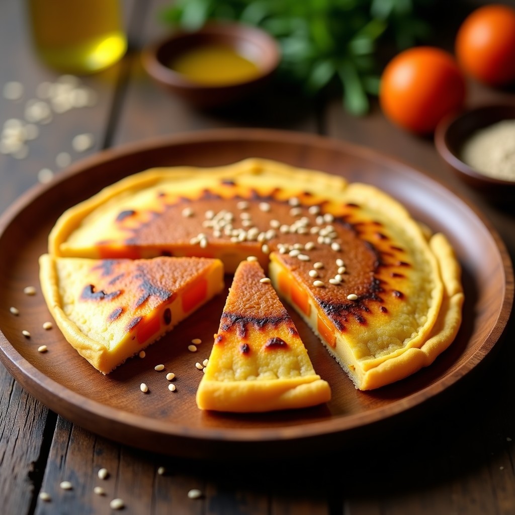 Tortilla dorada y esponjosa de calabaza asada ahumada, cortada en porciones, con trozos de calabaza caramelizada visibles en su interior, servida en plato de madera rústico con semillas de sésamo espolvoreadas.