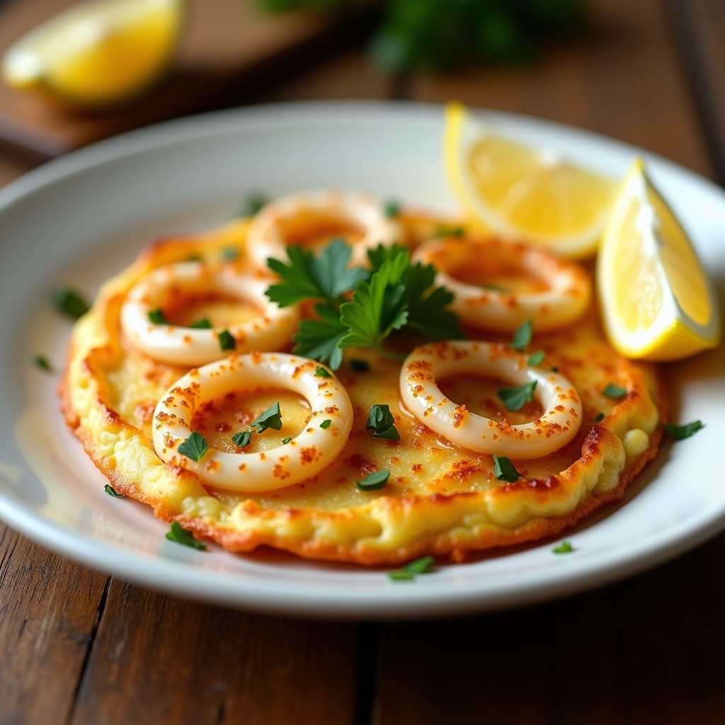 Tortilla de calamares al ajillo en airfryer, dorada y esponjosa, con trozos de calamares visiblemente tiernos y ajos dorados. Servida en plato blanco con gajos de limón y perejil fresco al lado.