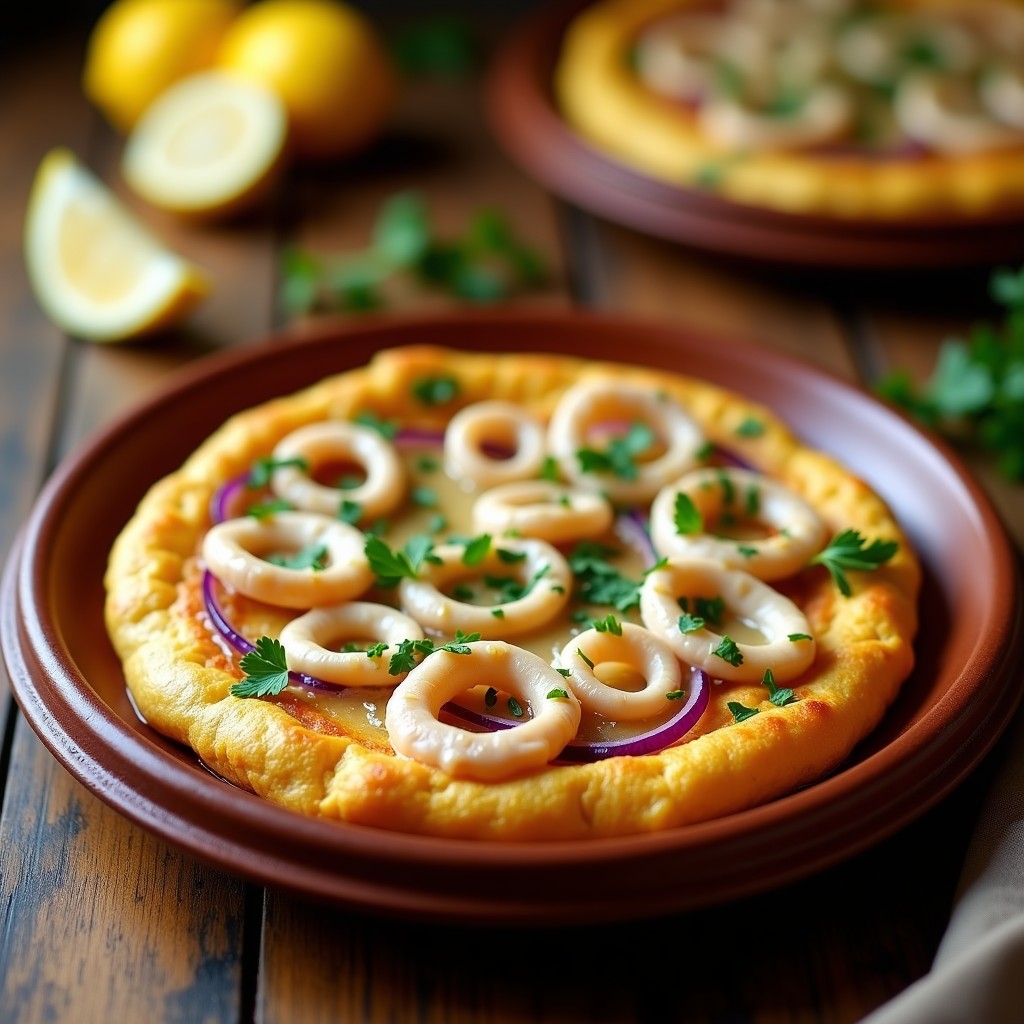 Tortilla dorada y esponjosa rellena de calamares tiernos y aioli cremoso, servida en un plato rústico de barro con un toque de perejil fresco. Receta tradicional de tortilla de calamares rellena de aioli.