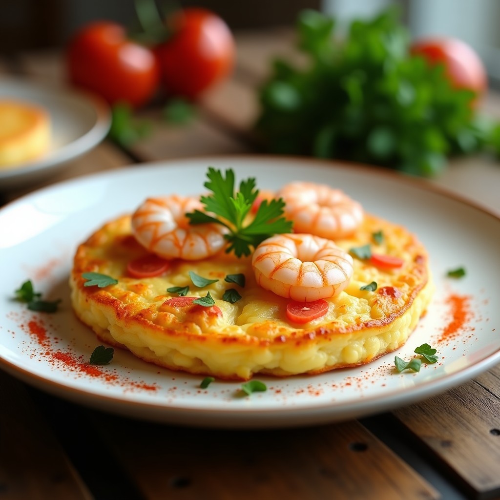 Tortilla dorada y esponjosa en airfryer con trozos de camarones y gambas rojas, perejil fresco y un toque de pimentón, servida en plato blanco.