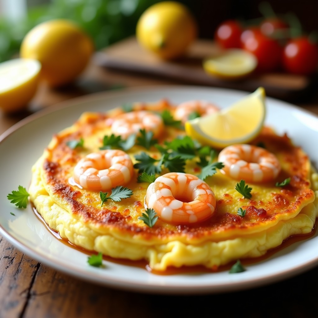 Tortilla esponjosa y dorada de camarón al ajo y perejil servida en plato blanco, con rodajas de limón y perejil fresco espolvoreado, receta airfryer sin aceite.