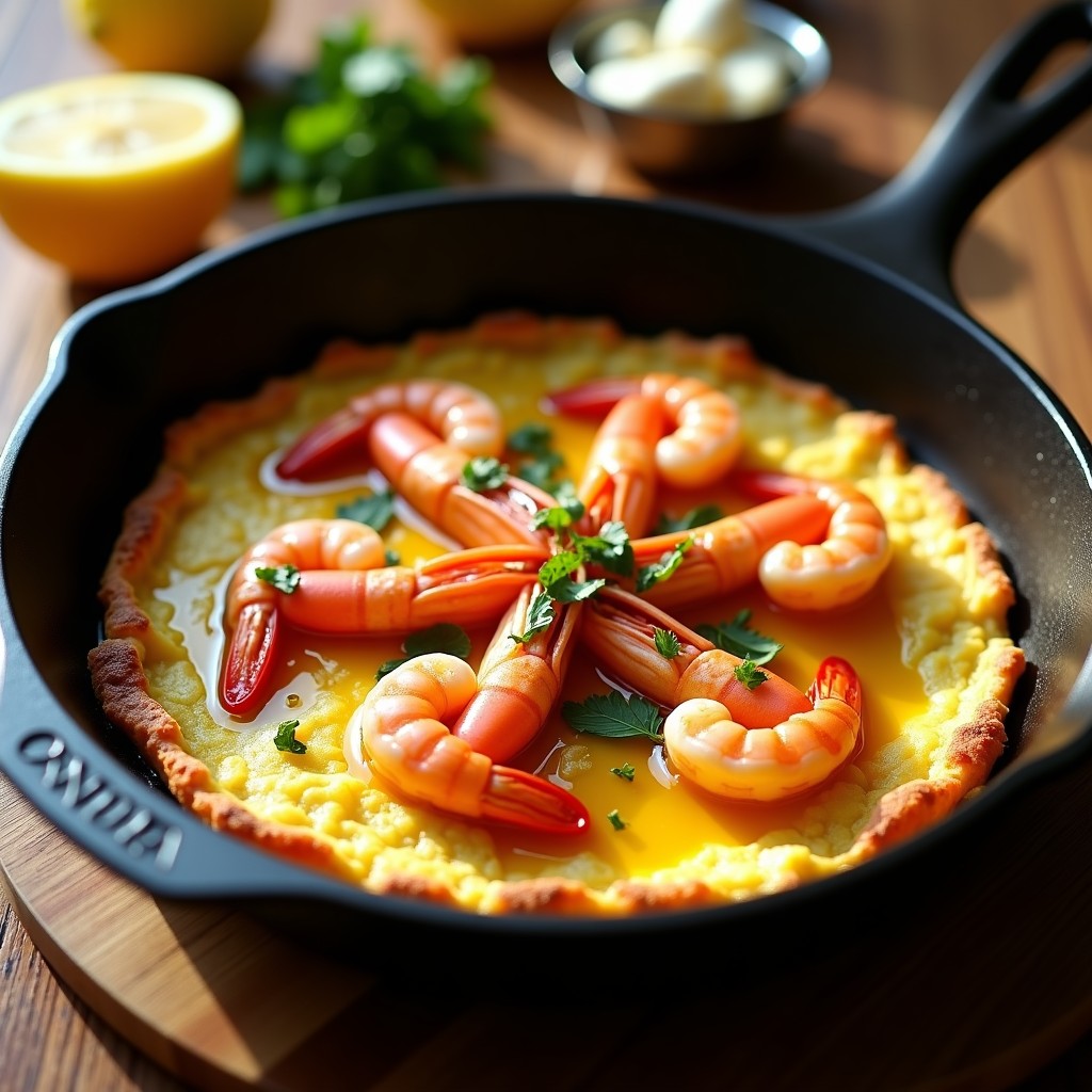 Tortilla dorada y esponjosa con camarones paleta rosados salteados en sartén de hierro, bañados en aceite de oliva con ajo, perejil y guindilla, receta de tortilla de camarón al ajillo.