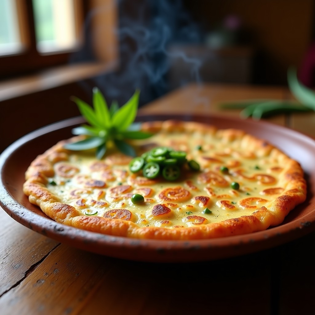 Tortilla dorada y esponjosa de camarón seco y chilguacle cocinada en comal, con trozos visibles de camarón y chile verde, servida en plato de barro rústico con hojas de epazote al lado.