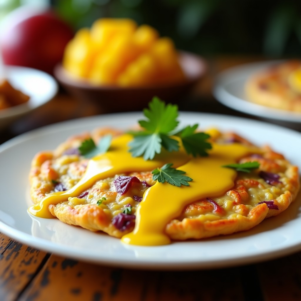 Tortilla dorada en Airfryer con camarones rosados y cebolla morada vibrante, acompañada de aderezo de mango amarillo brillante y cilantro fresco. Receta caribeña de tortilla de camarones y cebolla morada con aderezo de mango.