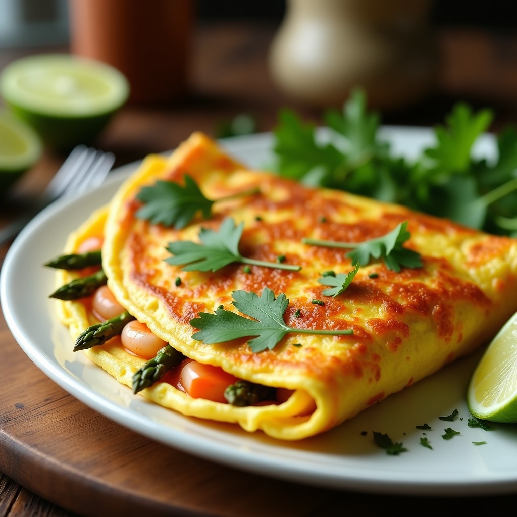 Tortilla de camarones y espárragos colombiana dorada, con camarones rosados y espárragos verdes salteados, servida en plato blanco con cilantro fresco y rodajas de limón.