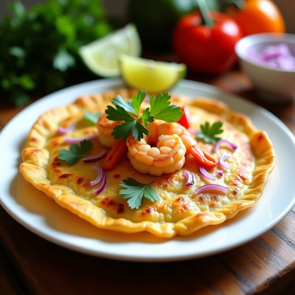 Tortilla dorada y esponjosa de camarones con harina de yuca en airfryer, servida en plato blanco con cilantro fresco y rodajas de limón, receta americana sin gluten.