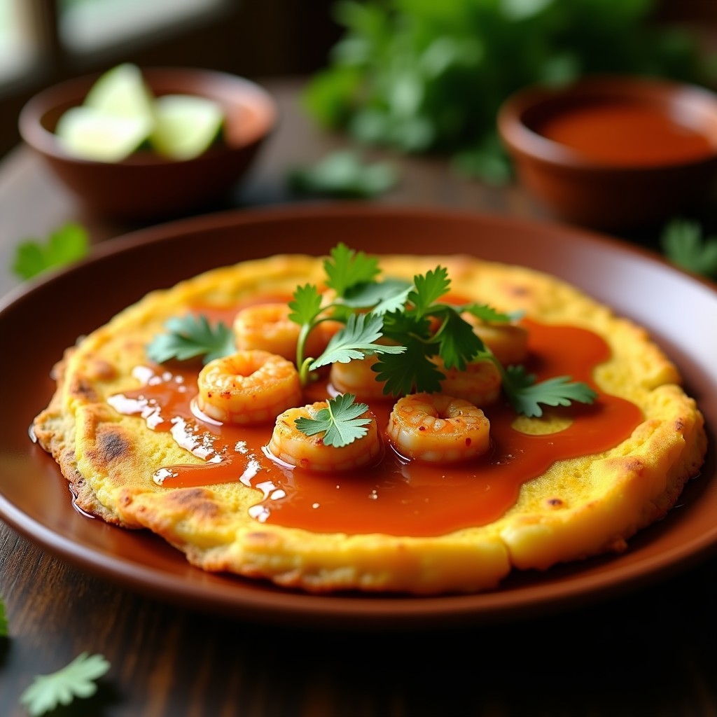 Tortilla de camarones dorada y esponjosa servida en plato blanco, bañada con salsa de tamarindo brillante y acompañada de cubos de aguacate y cilantro fresco. Receta mexicana keto alta en proteína.
