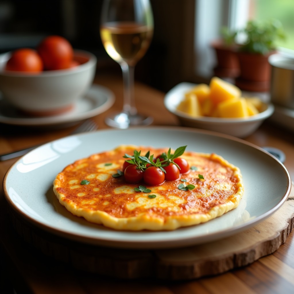 Tortilla dorada y esponjosa de camelina con trozos de pimientos asados rojos, servida en plato blanco rústico con salsa romesco cremosa de color rojizo al lado, decorada con almendras picadas y aceite de oliva, receta vegana sin huevos.