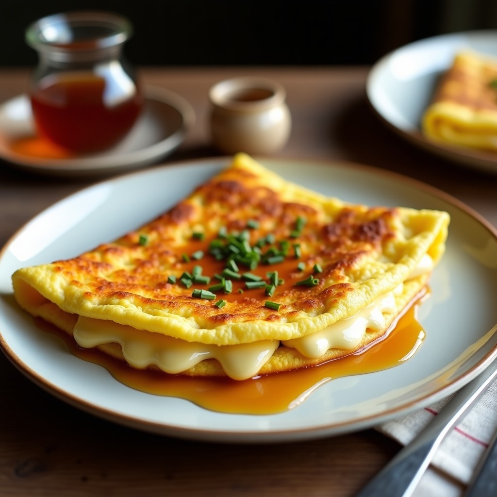 Tortilla francesa dorada con trozos de queso Camembert fundido, bañada en miel dorada y aceite de trufa, decorada con cebollino fresco. Receta gourmet de tortilla de Camembert y miel con trufa.