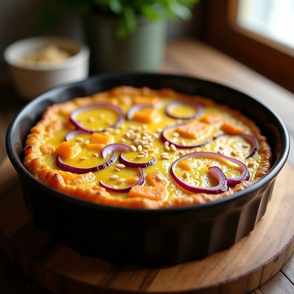 Tortilla dorada y esponjosa de camote amarillo y cebolla morada en molde redondo, cocinada en Airfryer sin aceite, con textura crujiente por fuera y jugosa por dentro, servida sobre tabla de madera rústica.