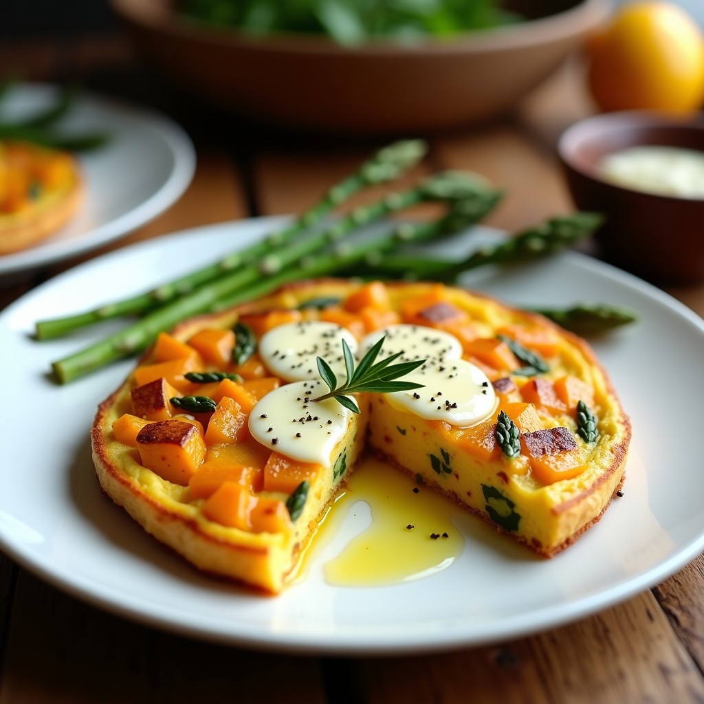 Tortilla dorada y esponjosa de camote amarillo y espárragos verdes con trozos de queso de oveja fundido, servida en molde de cerámica blanca sobre tabla de madera rústica, acompañada de perejil fresco. Receta en airfryer.