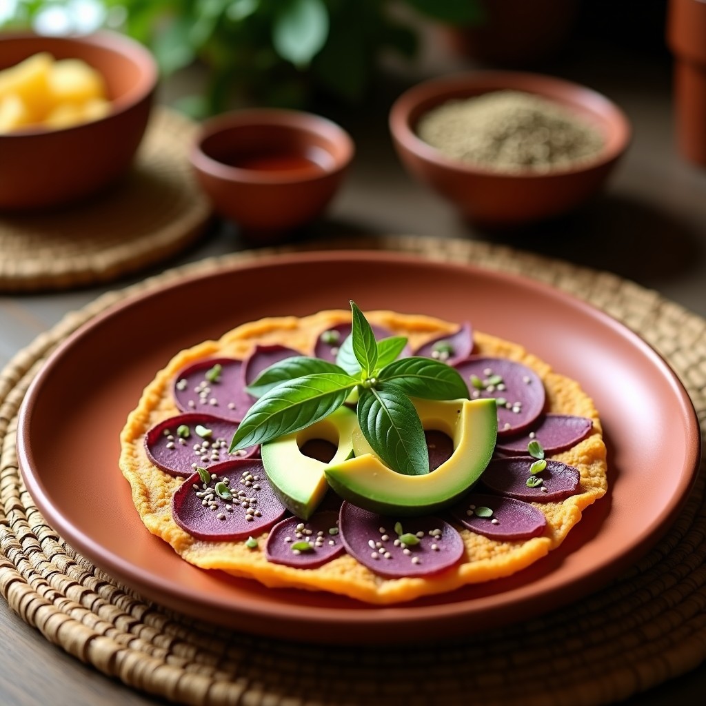 Tortilla dorada de camote morado y semillas de cáñamo servida en plato de barro, con rodajas de aguacate y hojas de epazote frescas. Desayuno keto mexicano saludable y alto en proteína.