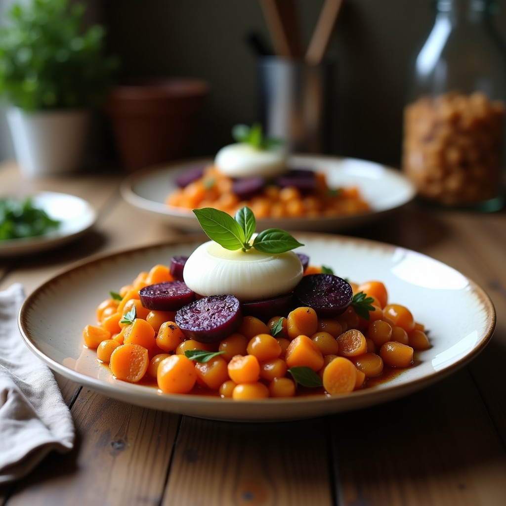 Tortilla vegana de camote morado y cebolla caramelizada en sartén antiadherente, dorada por fuera y esponjosa por dentro, decorada con perejil fresco picado.