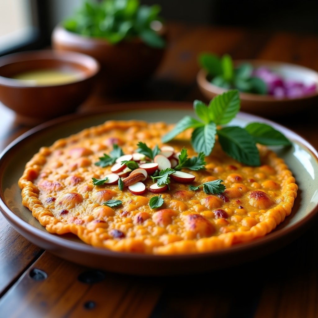 Tortilla dorada y esponjosa de camote y cebolla morada con especias beréber, espolvoreada con almendras fileteadas y perejil fresco, servida en un plato de barro con fondo rústico, receta marroquí en airfryer.