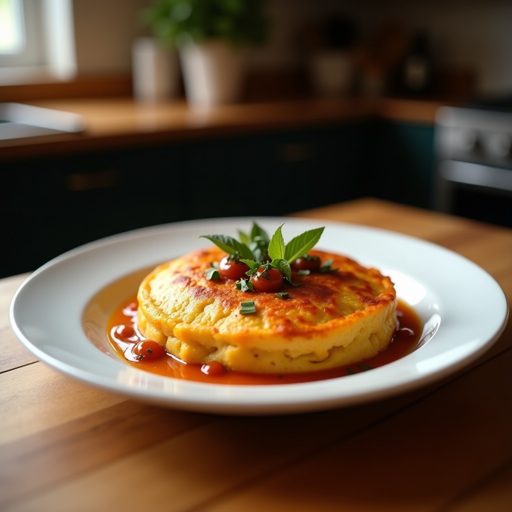 Tortilla dorada de camote y cebolla morada vegana, corte en cuñas sobre plato de barro, con textura esponjosa y trozos visibles de camote naranja y cebolla morada caramelizada, rica en betacarotenos.
