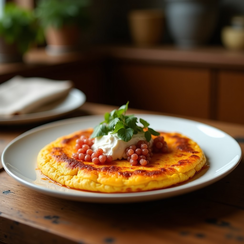 Tortilla espesa y dorada de camote morado y chorizo ibérico en sartén antiadherente, con toque ahumado visible por el pimentón de La Vera, servida en plato de barro con hierbas frescas.