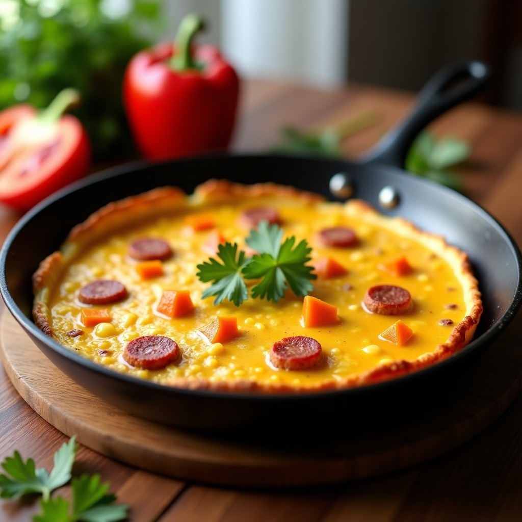 Tortilla dorada y esponjosa de camote y chorizo de Sincelejo servida en plato de barro, con cubos de camote naranja y trozos de chorizo visible, acompañada de cilantro fresco y rodajas de aguacate. Receta colombiana en sartén antiadherente.
