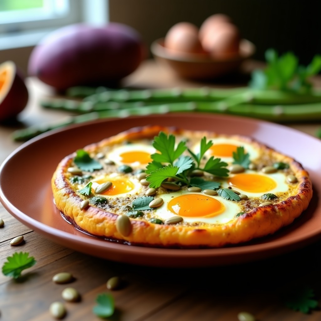 Tortilla dorada y esponjosa de camote morado y espárragos trigueros con huevo de pato, decorada con semillas de sésamo y perejil fresco sobre un plato de barro rústico.