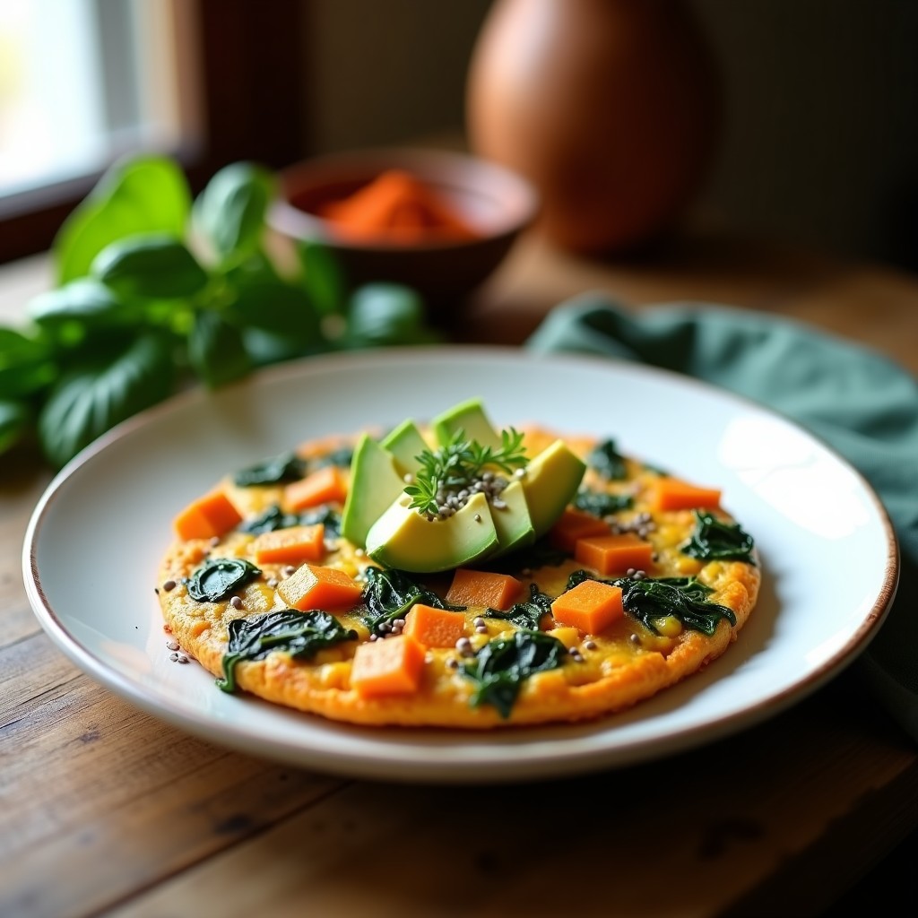 Tortilla dorada y esponjosa de camote y espinacas ahumadas servida en plato blanco con aguacate y semillas de chía, receta sin gluten alta en fibra.