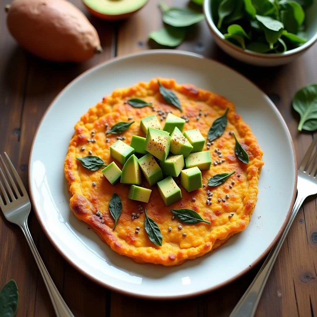 Tortilla dorada de camote y espinacas servida en plato blanco, con bordes crujientes y textura esponjosa, acompañada de rodajas de aguacate y semillas de chía.