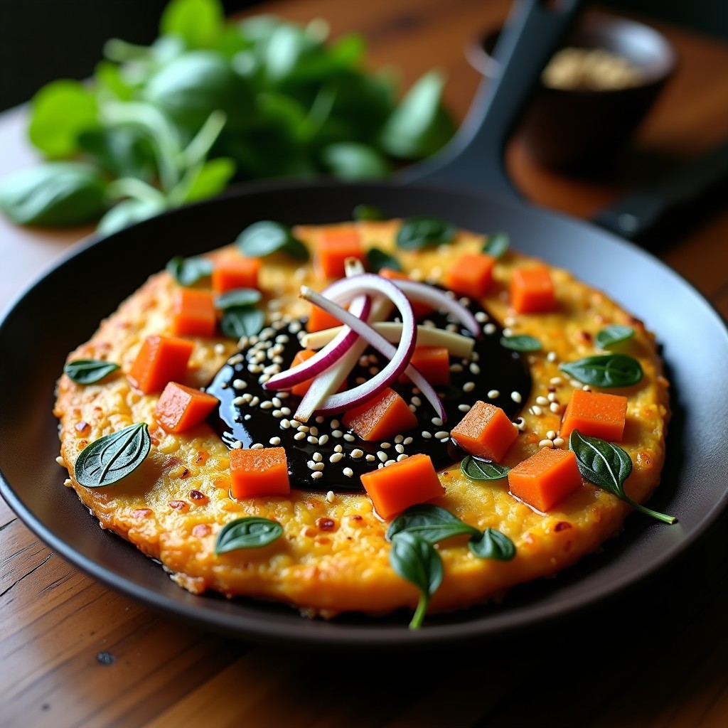 Tortilla vegana dorada de camote y espinacas con salsa de ajo negro, servida en plato blanco con semillas de sésamo espolvoreadas y hilo de aceite de oliva.
