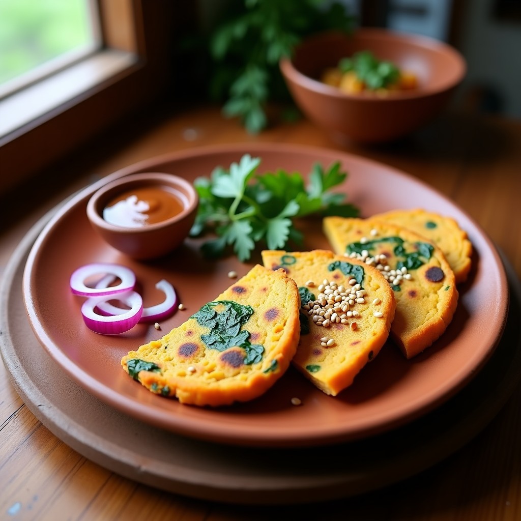 Tortilla dorada de camote y espinacas frescas servida en plato de barro con salsa de chipotle cremosa, decorada con semillas de sésamo y cilantro picado, desayuno mexicano sin harina.