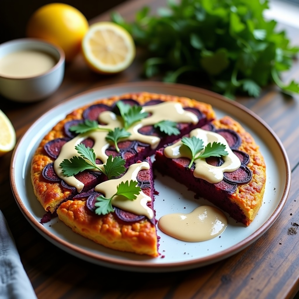 Tortilla de camote morado y cilantro con aderezo de tahini, desayuno keto sin harina. Plato con tortilla dorada en rodajas, bañada en salsa cremosa de tahini y decorada con hojas de cilantro fresco sobre fondo rústico de madera.