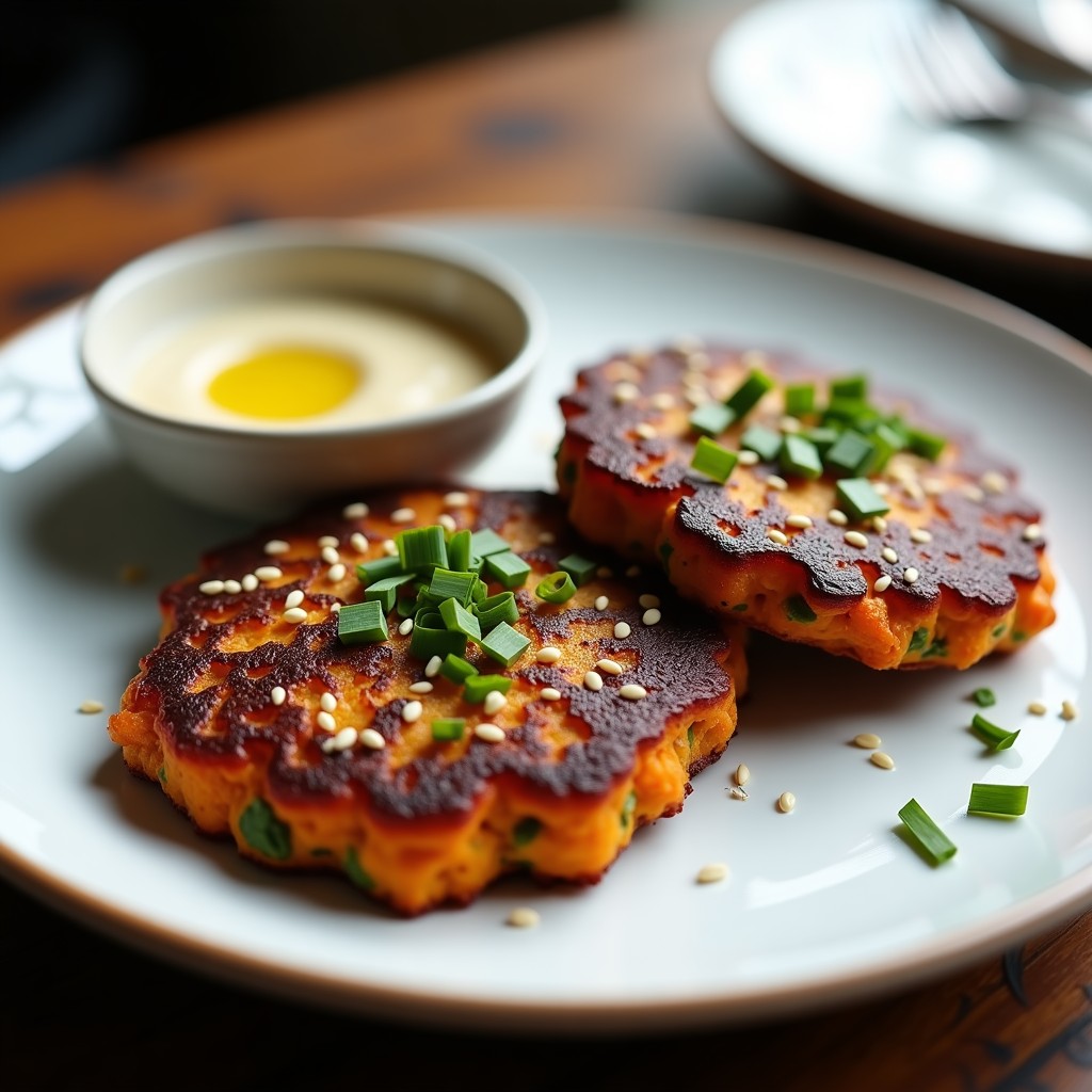 Tortilla vegana de camote morado y espárragos trigueros dorada y crujiente, cortada en porciones y servida con salsa de tahini cremosa sobre un plato de cerámica blanca, decorada con semillas de sésamo y hojas de cilantro fresco.
