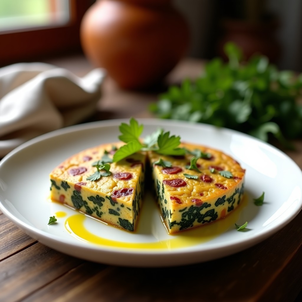 Tortilla dorada de camote morado y espinacas keto, cortada en porciones, con un vibrante color púrpura y verde, servida en un plato blanco con una ramita de cilantro fresco.