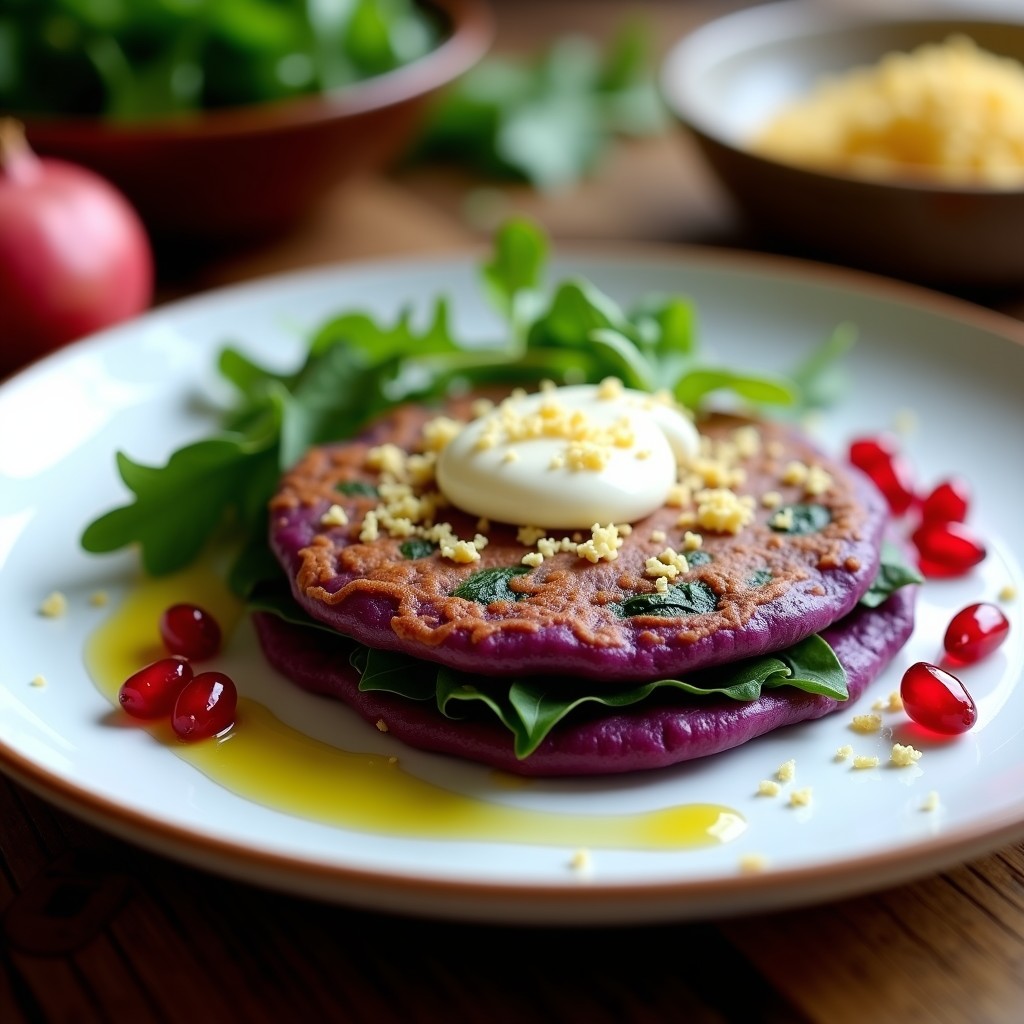 Tortilla vegana de camote morado y espinacas con queso de anacardos en Airfryer, servida en plato blanco con fondo rústico. Textura esponjosa, color morado intenso con vetas verdes y crema de anacardos por encima.