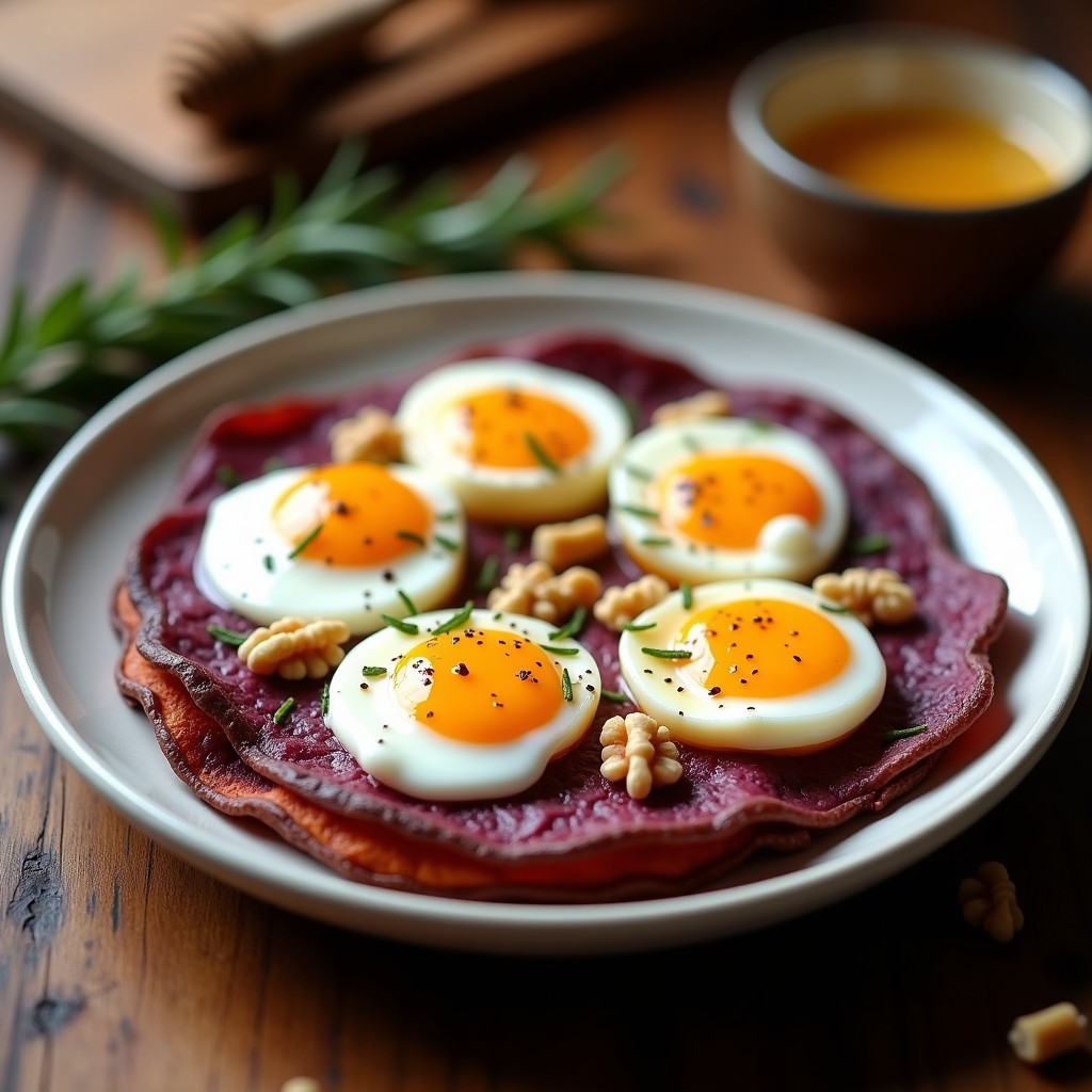 Tortilla de camote morado y huevo de codorniz en molde de airfryer, con yemas doradas, nueces picadas y un hilo de miel de trufa brillante. Plato gourmet con tonos morados intensos y toques dorados.
