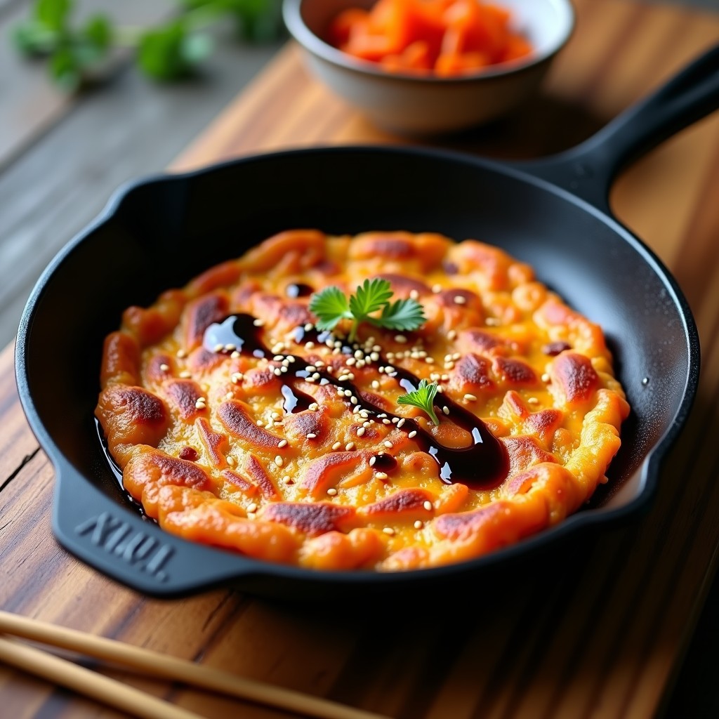 Tortilla dorada y crujiente de camote morado y kimchi en sartén antiadherente, con semillas de sésamo negro espolvoreadas y un toque de salsa de soja brillante, desayuno coreano sin harina y antiinflamatorio.