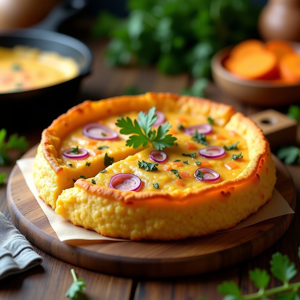 Tortilla dorada y esponjosa de camote y queso de cabra vegano, cortada en porciones, con perejil fresco espolvoreado y fondo rústico.