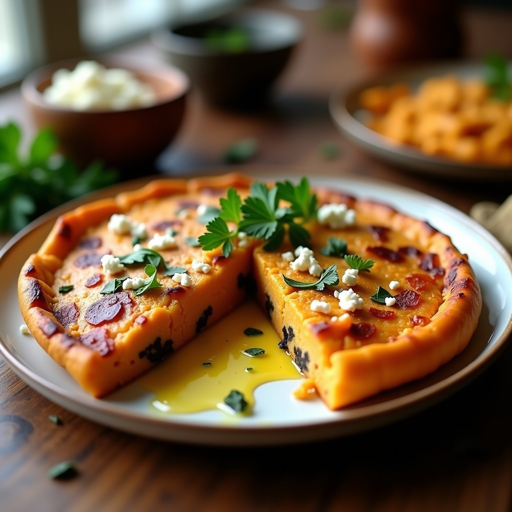 Tortilla dorada de camote morado y trufa en airfryer, con centro meloso y queso de cabra desmenuzado, decorada con perejil fresco y aceite de trufa.