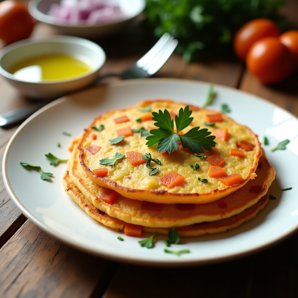 Tortilla dorada y esponjosa de camotes ahumados servida en plato blanco, con trozos visibles de camote naranja y cebolla morada, espolvoreada con perejil fresco. Receta airfryer con umami intenso.