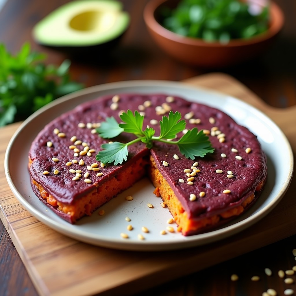 Tortilla vegana de camotes ahumados con semillas de sésamo y perejil fresco, receta sin harina y alta en proteína.
