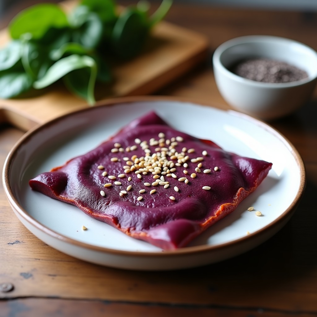 Tortilla de camote morado al horno cortada en porciones cuadradas, con textura esponjosa y color morado intenso, servida en plato blanco rústico.