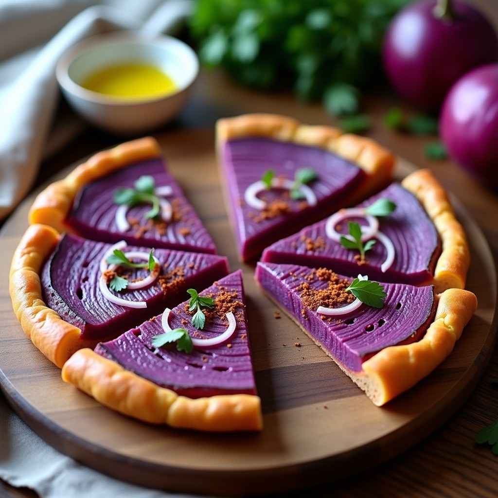 Tortilla vegana de camotes morados en rodajas, con bordes dorados y perejil fresco espolvoreado, servida sobre papel de horno rústico.