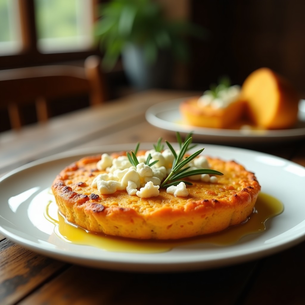 Tortilla dorada y esponjosa de camote con vetas de queso de cabra derretido, servida en plato blanco con hilo de aceite trufado y romero fresco, receta Thermomix.