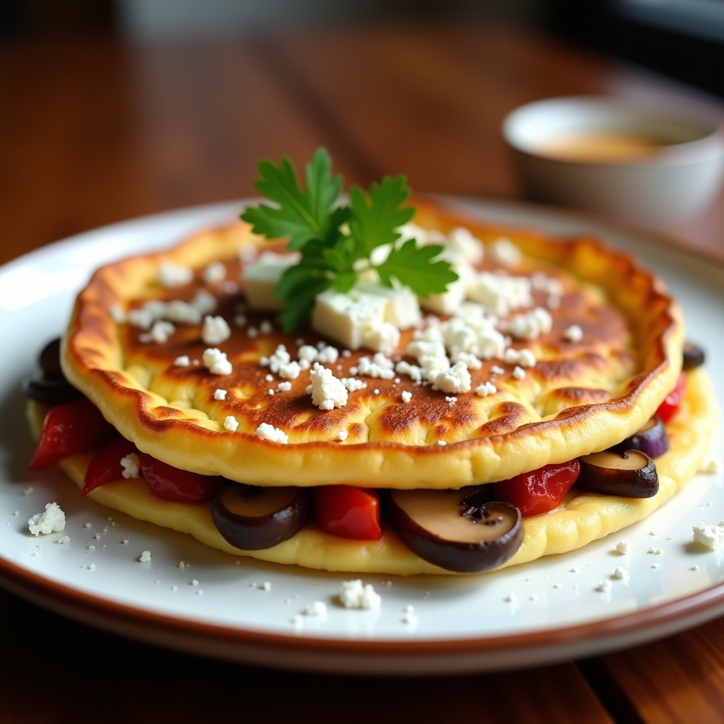 Tortilla campera ahumada en airfryer, dorada y esponjosa, con trozos de champiñones portobello y pimientos rojos ahumados, servida en plato blanco rústico.