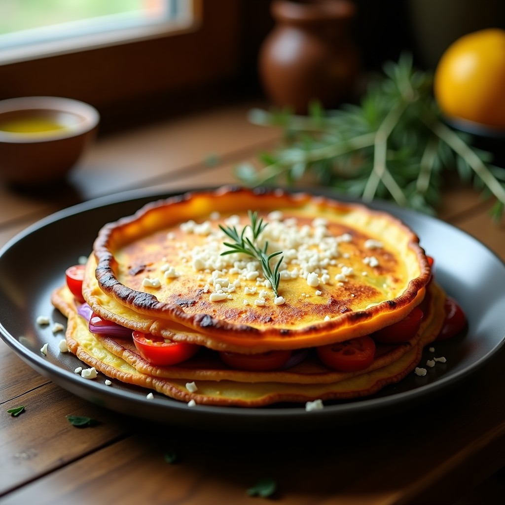 Tortilla campera ahumada en capas servida en plato de barro, con textura dorada y crujiente por fuera y cremosa por dentro, acompañada de pimientos asados y cebolla caramelizada.