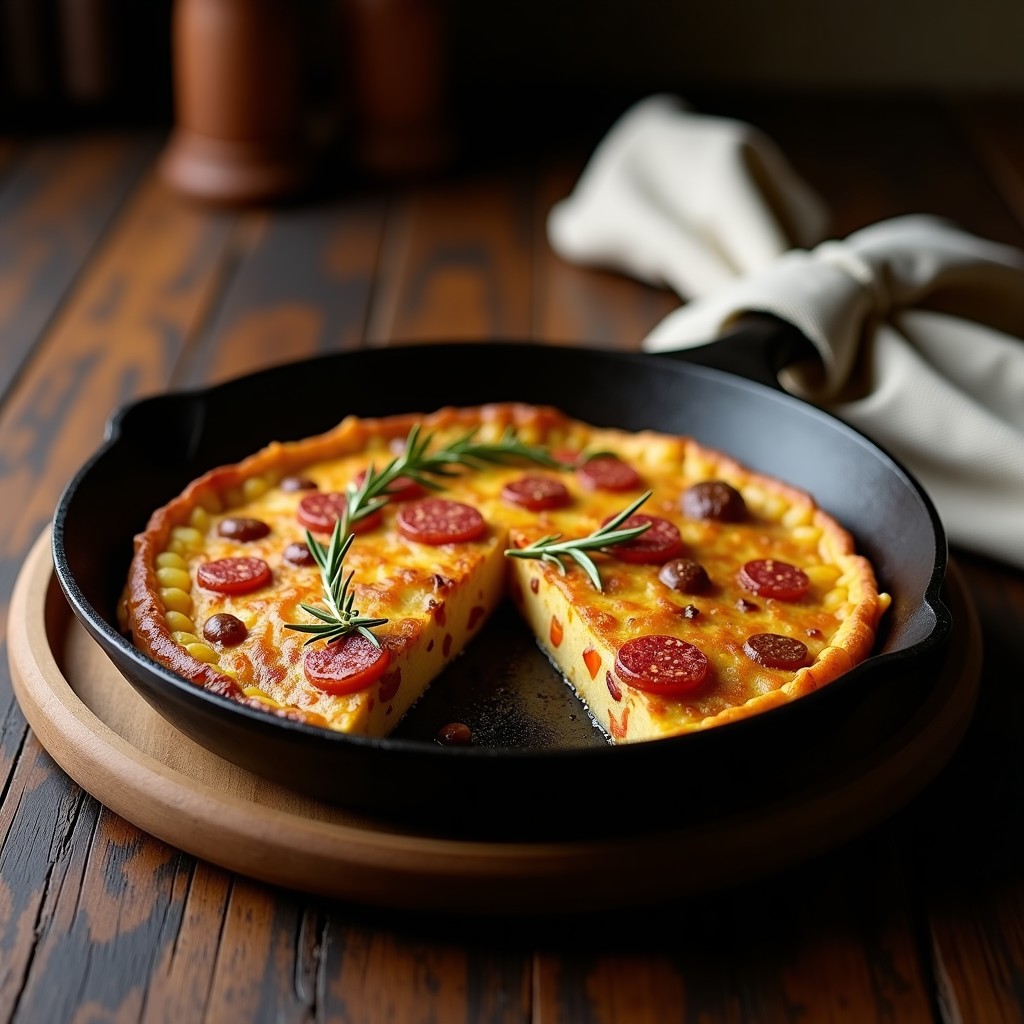 Tortilla campera argentina ahumada en sartén de hierro, dorada por fuera y jugosa por dentro, con trozos de papa, cebolla y chorizo colorado. Acompañada de ramitas de romero fresco.