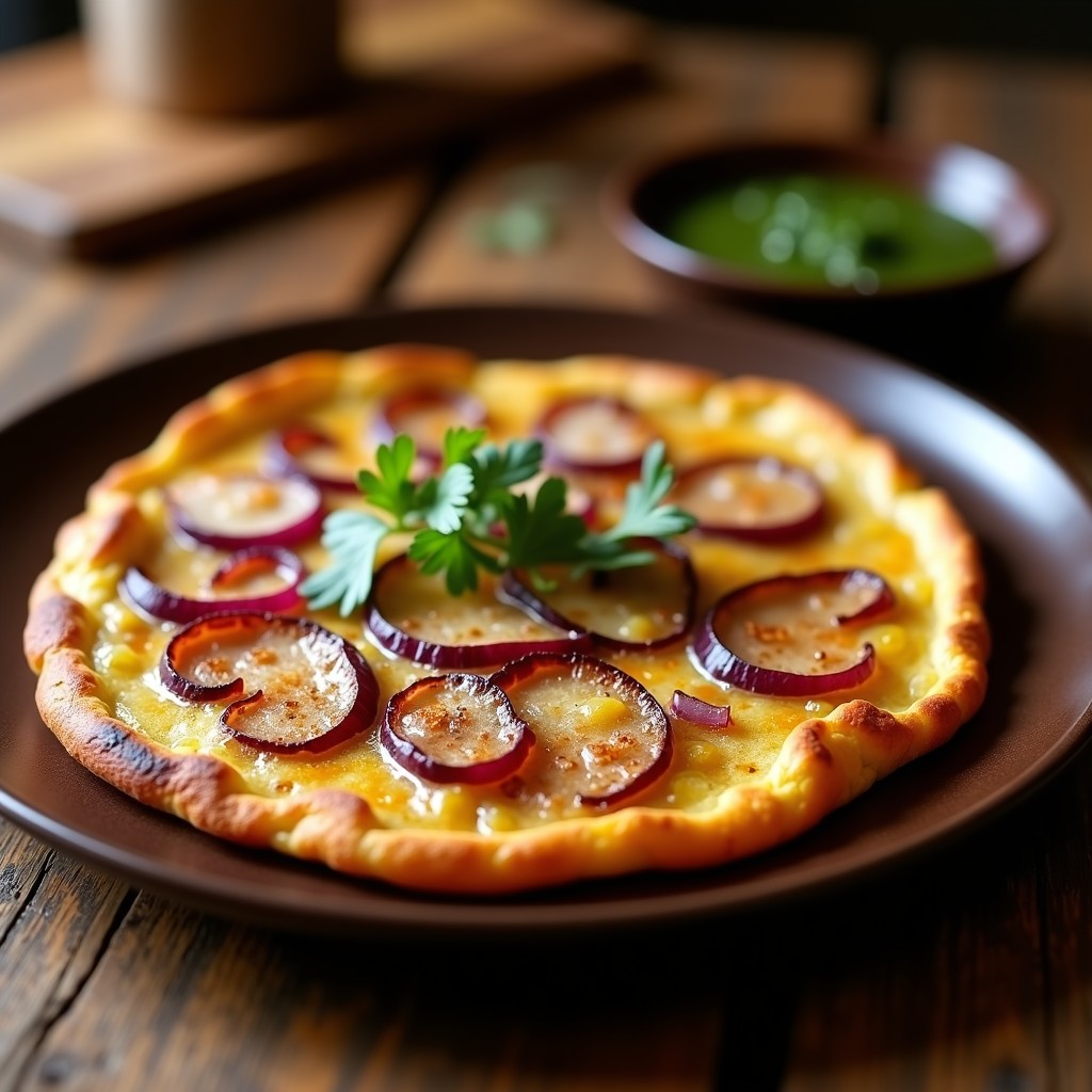 Tortilla campera argentina dorada y humeante sobre plancha de grill, con trozos de papa y cebolla caramelizada, queso fundido y bordes crujientes, servida en plato rústico de barro.